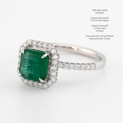 Stunning asscher cut green emerald color diamond with straight shank, eagle claw prongs, halo setting engagement ring