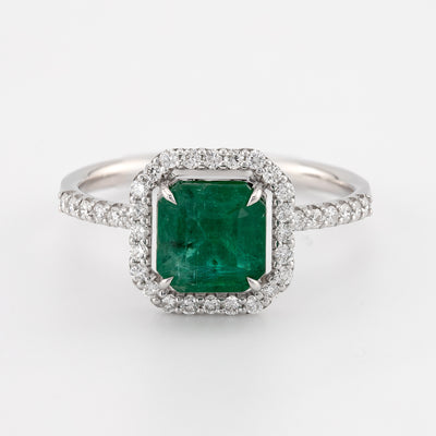 Stunning asscher cut green emerald color diamond with straight shank, eagle claw prongs, halo setting engagement ring