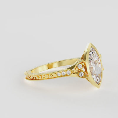 Marquise Ring – 1.50CT Bezel Marquise Diamond Band Unique Bezel Milgrain Bridal Jewelry
