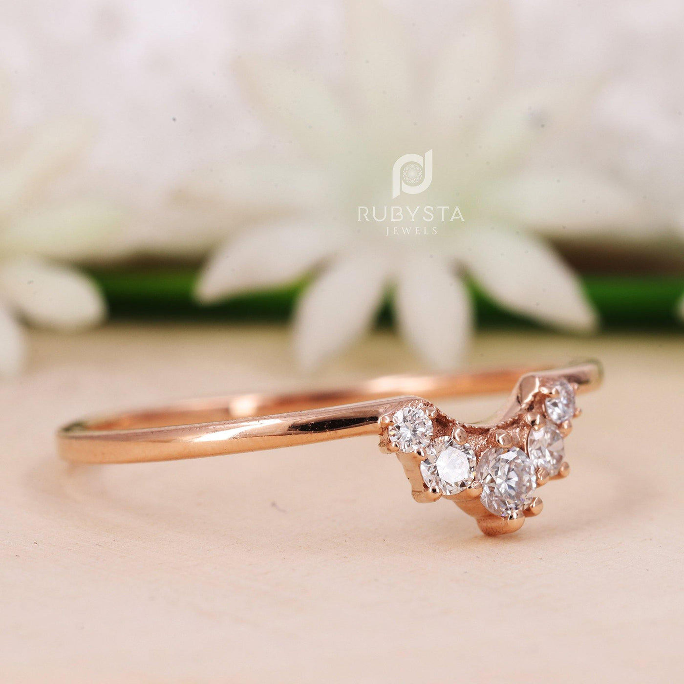 Curved Diamond Wedding Band | Round Diamond Stacking Ring - Rubysta