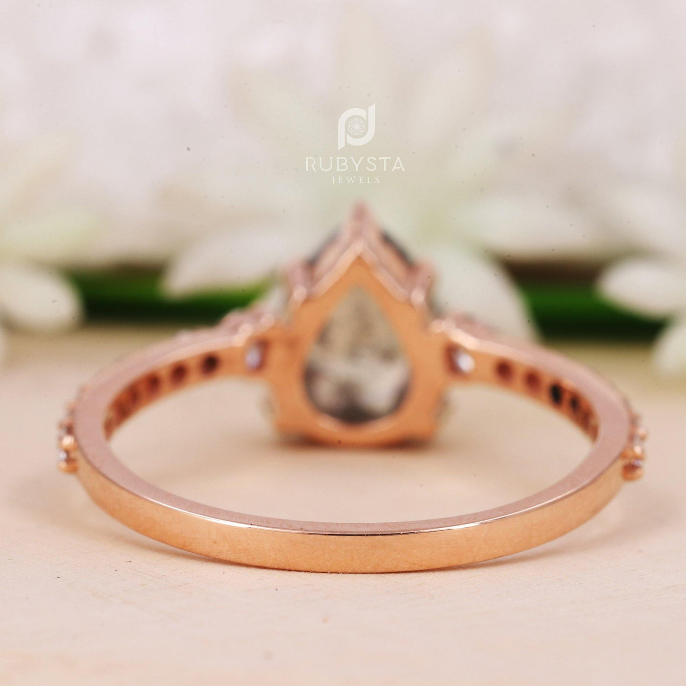 Salt and Pepper Diamond Ring | Rose Cut Pear Diamond Ring | Unique Engagement Ring - Rubysta