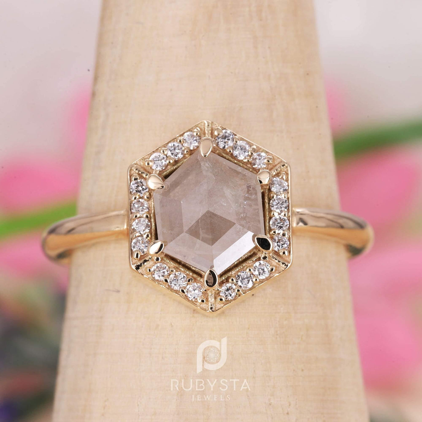Salt and pepper diamond engagement ring | Diamond ring | Hexagon diamond ring - Rubysta