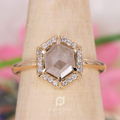 Salt and pepper diamond engagement ring | Diamond ring | Hexagon diamond ring - Rubysta