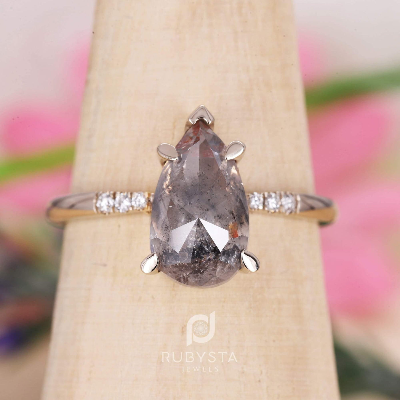 Salt and Pepper Diamond Ring | Rose Cut Pear Diamond Ring | Unique Engagement Ring - Rubysta
