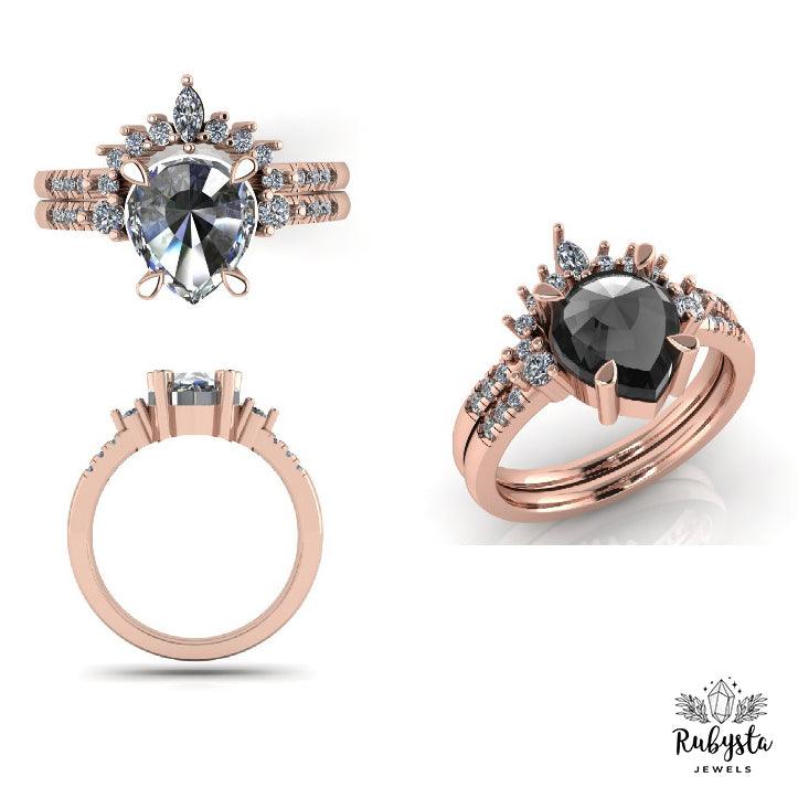 Salt and Pepper Engagement ring Pear Diamond Wedding - Rubysta