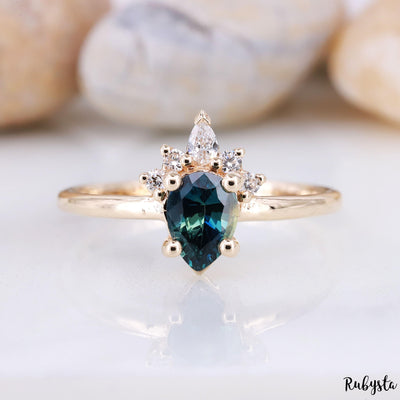 Teal Sapphire Pear Shape Ring | Teal Sapphire Engagement Ring | Teal Blue Sapphire Ring - Rubysta