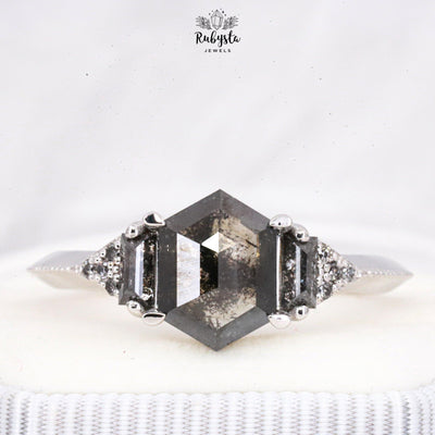 salt and pepper Hexagon diamond ring