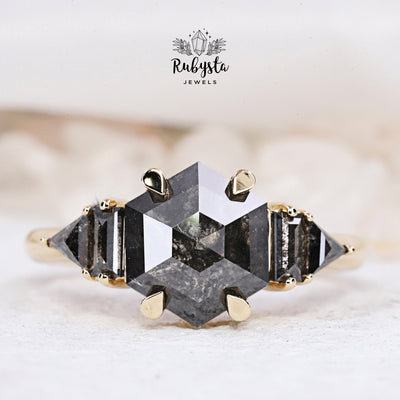 Salt and pepper diamond ring | Hexagon Salt and Pepper Diamond Engagement Ring