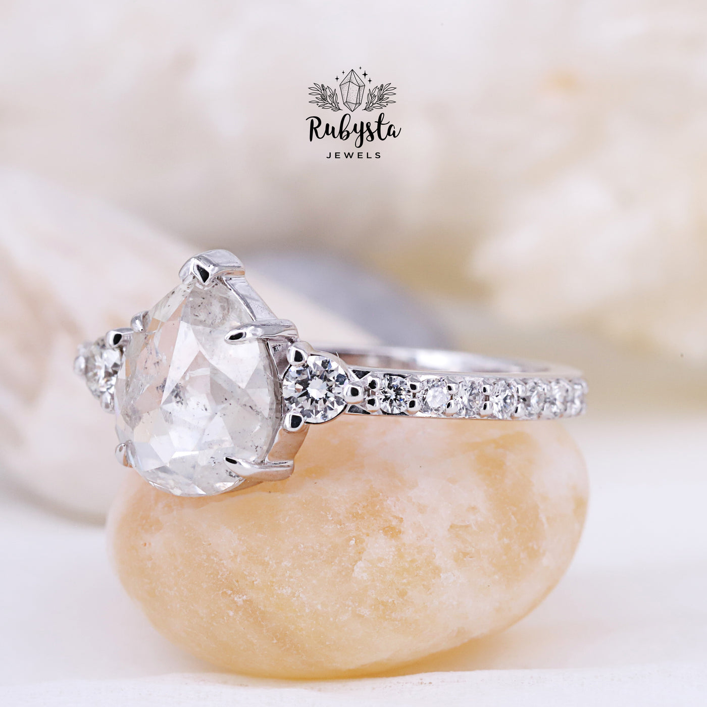 Salt and Pepper Diamond Ring | Rose Cut Pear Diamond Ring | Unique Engagement Ring