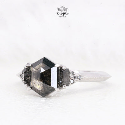 salt and pepper Hexagon diamond ring