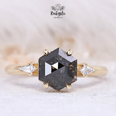 salt and pepper Hexagon diamond ring - Rubysta