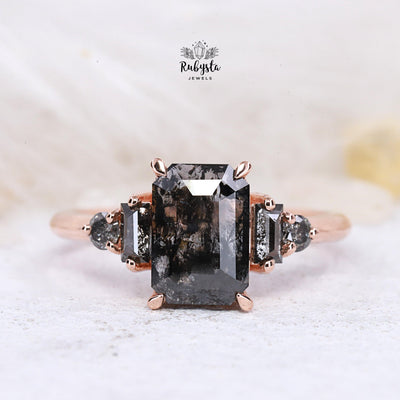 Salt and Pepper diamond Ring | Engagement Ring | Emerald Diamond Ring - Rubysta