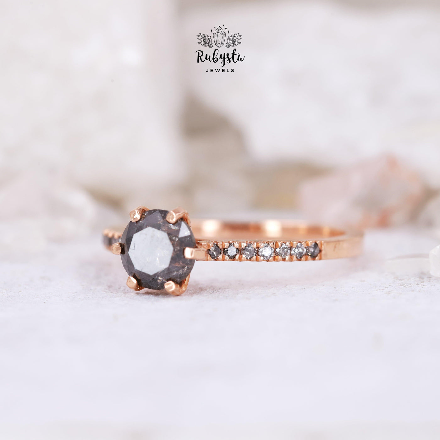 Round Black Diamond Ring | Rose Cut Diamond Engagement Ring - Rubysta