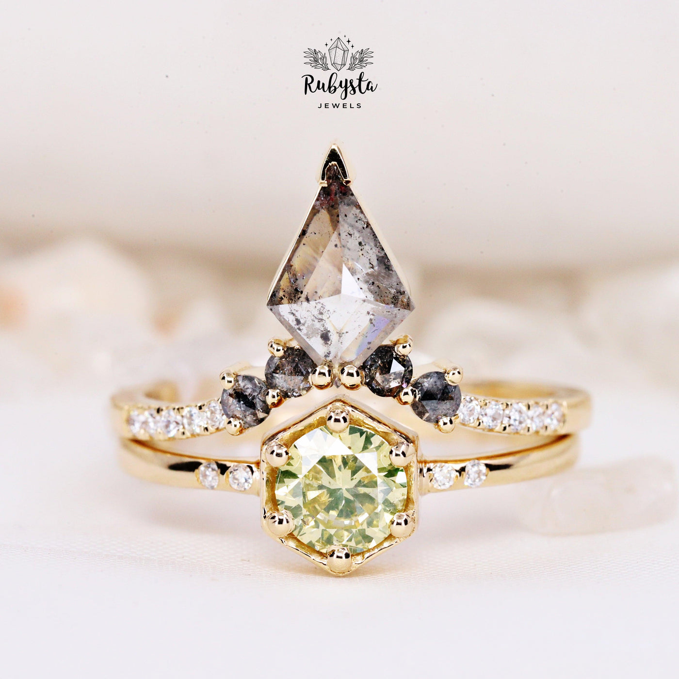 Greenish Round Brilliant Engagement Ring With Salt And Pepper Kite Wedding Band