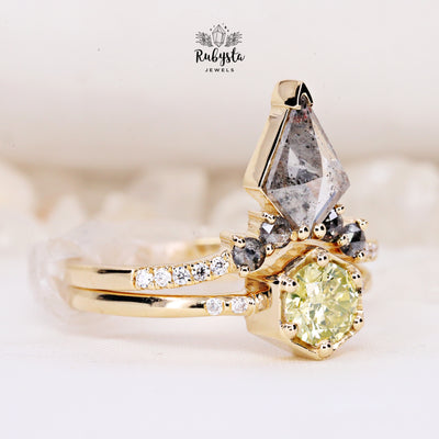 Greenish Round Brilliant Engagement Ring With Salt And Pepper Kite Wedding Band