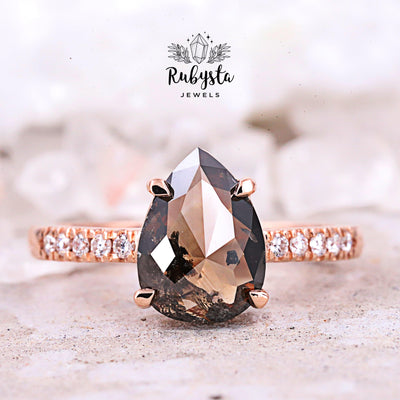 Brownish Salt & Pepper Pear Diamond Engagement Ring - Rubysta