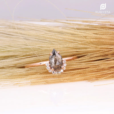 Salt and Pepper diamond Ring, Geometric Diamond Ring, Engagement ring - Rubysta