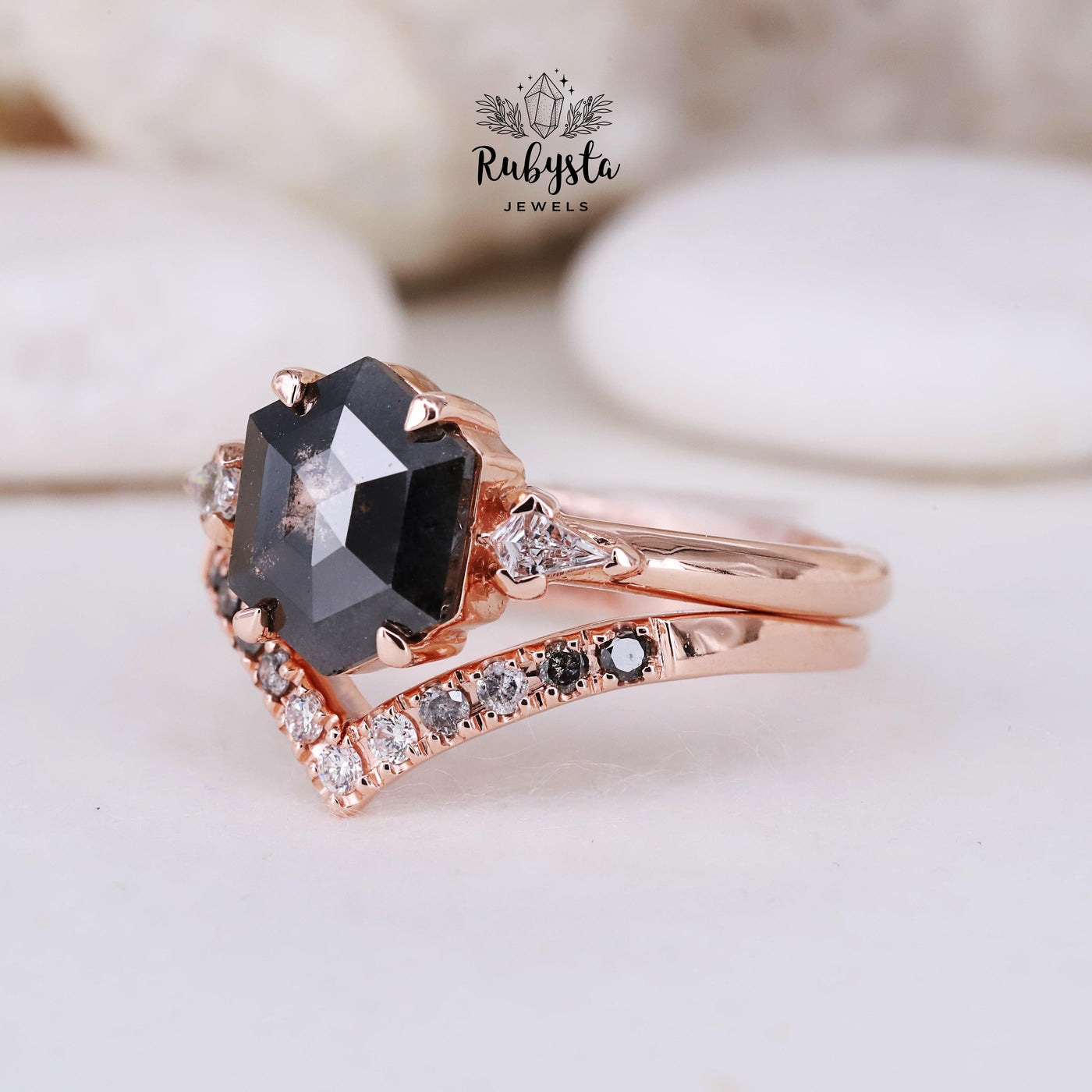 Salt and Pepper Diamond Ring | Engagement Ring | Hexagon Diamond Ring | Proposal Ring | Art Deco Ring | R-11013 - Rubysta
