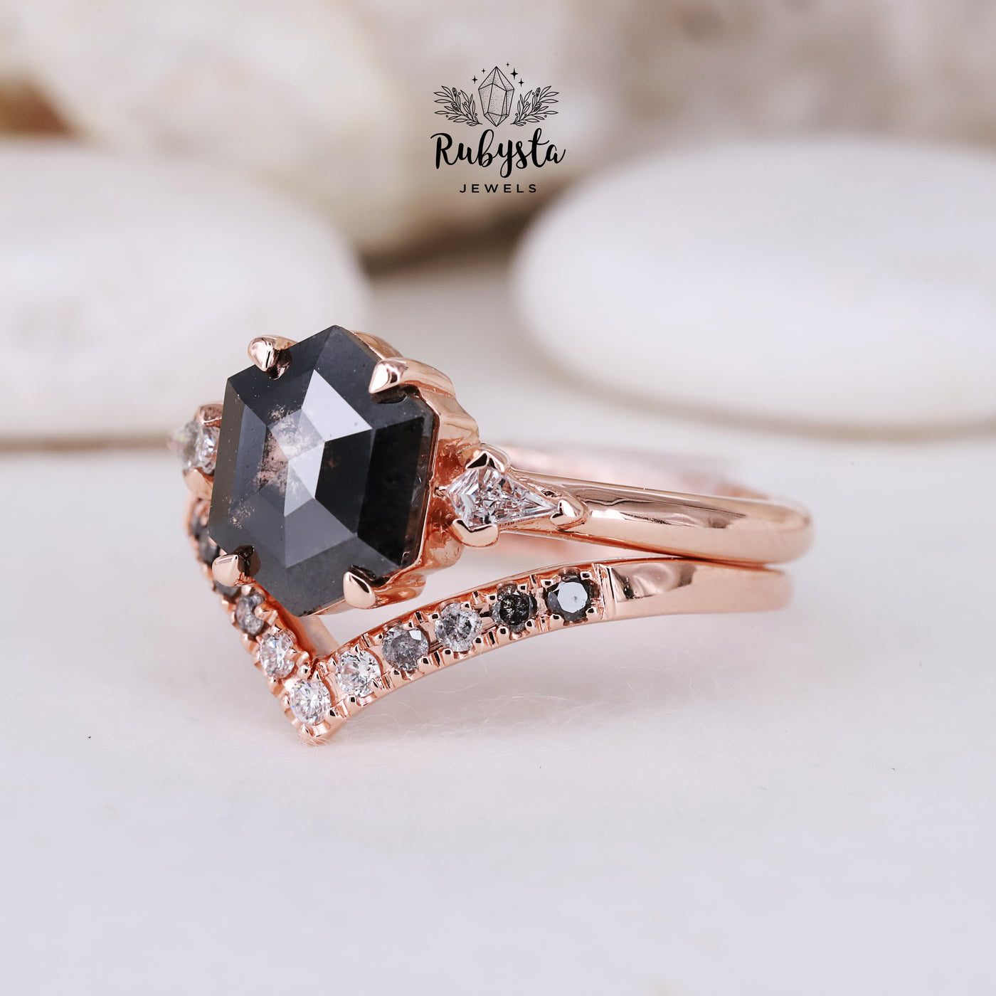 Salt and Pepper Diamond Ring | Engagement Ring | Hexagon Diamond Ring | Proposal Ring | Art Deco Ring | R-11013