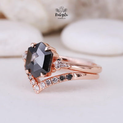 Salt and Pepper Diamond Ring | Engagement Ring | Hexagon Diamond Ring | Proposal Ring | Art Deco Ring | R-11013 - Rubysta