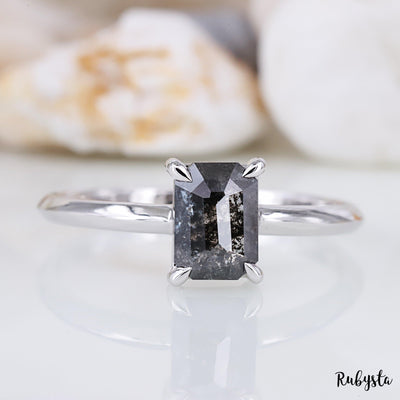 Salt and Pepper Diamond Ring Engagement Ring Emerald Diamond Ring - Rubysta