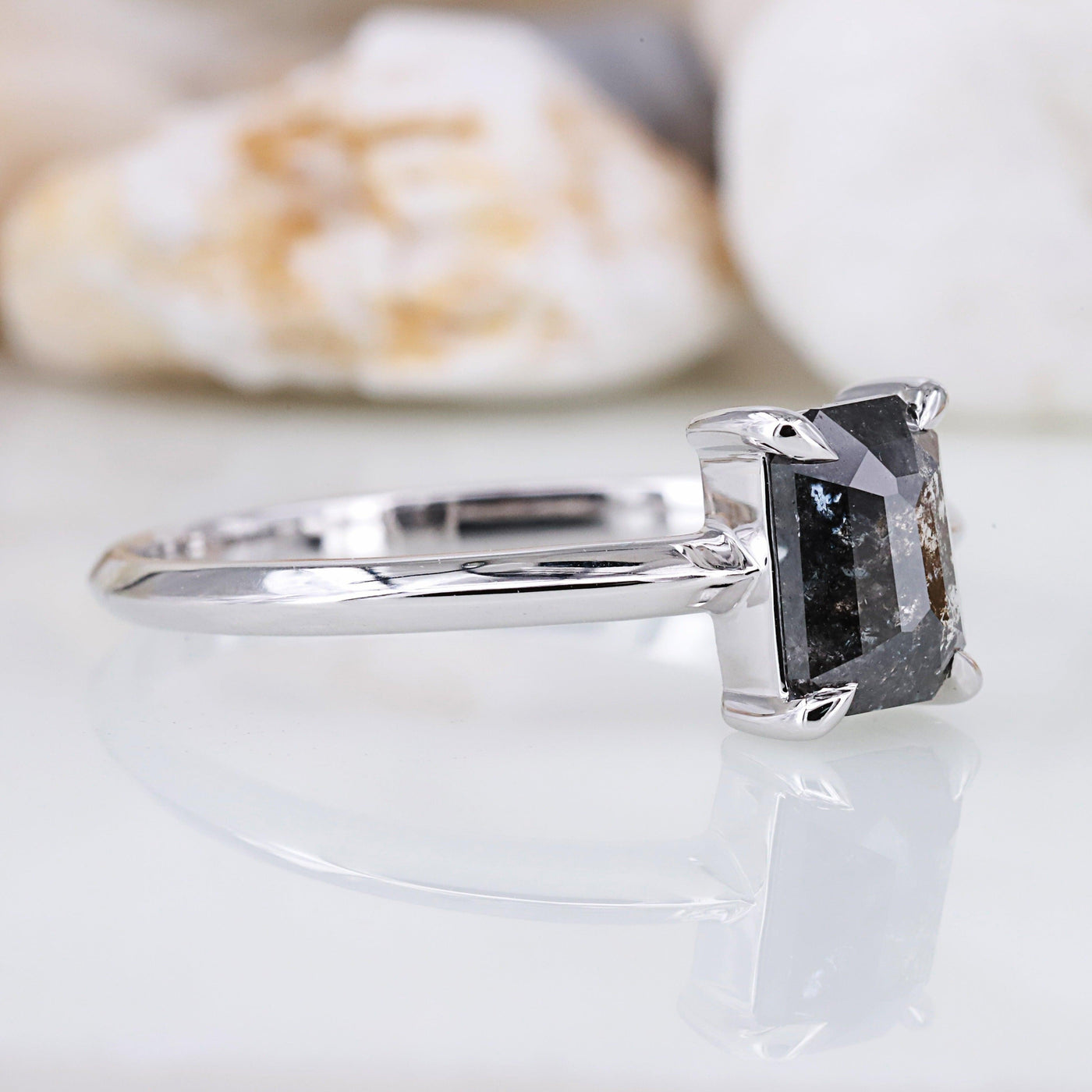 Salt and Pepper Diamond Ring Engagement Ring Emerald Diamond Ring - Rubysta