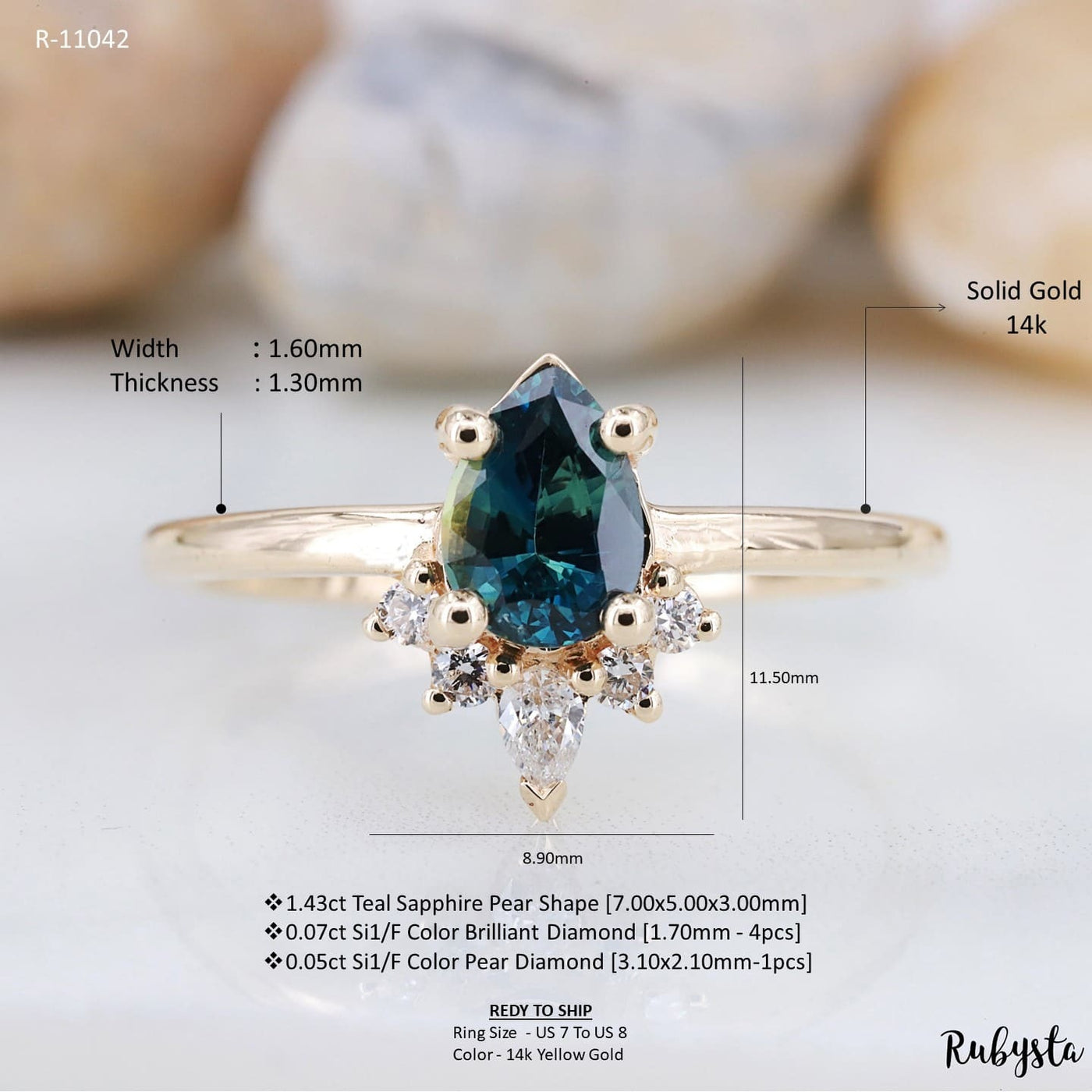 Teal Sapphire Pear Shape Ring | Teal Sapphire Engagement Ring | Teal Blue Sapphire Ring