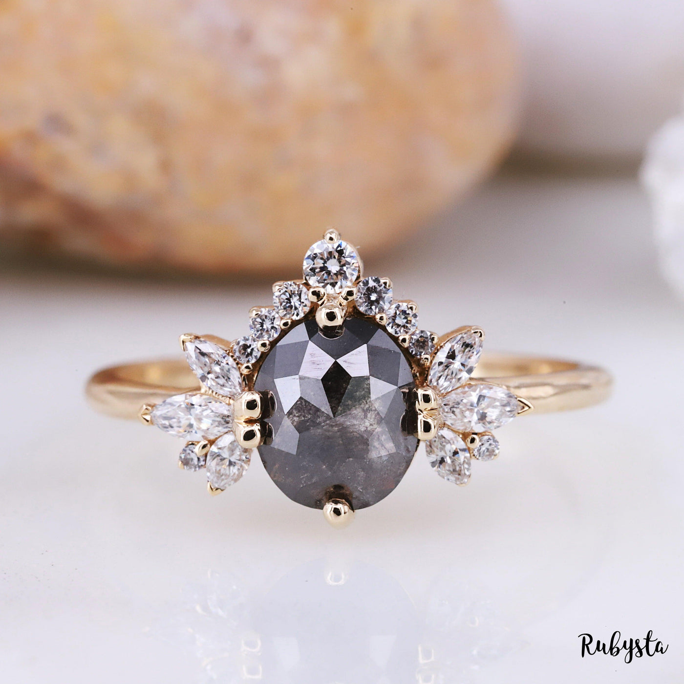 Salt and Pepper diamond Ring | Oval Diamond Ring | Engagement Ring | Proposal Ring - Rubysta