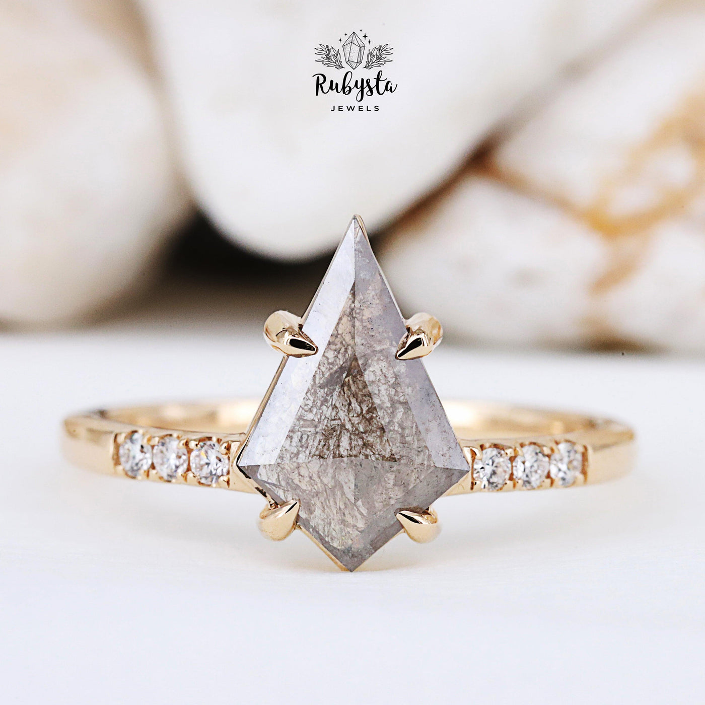 Salt and Pepper Diamond Ring | Engagement Ring | Kite Diamond Ring | Proposal Ring - Rubysta