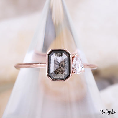 Salt and Pepper Diamond Ring | Engagement Ring | Emerald Diamond Ring | Bride Ring