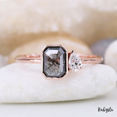 Salt and Pepper Diamond Ring | Engagement Ring | Emerald Diamond Ring | Bride Ring - Rubysta