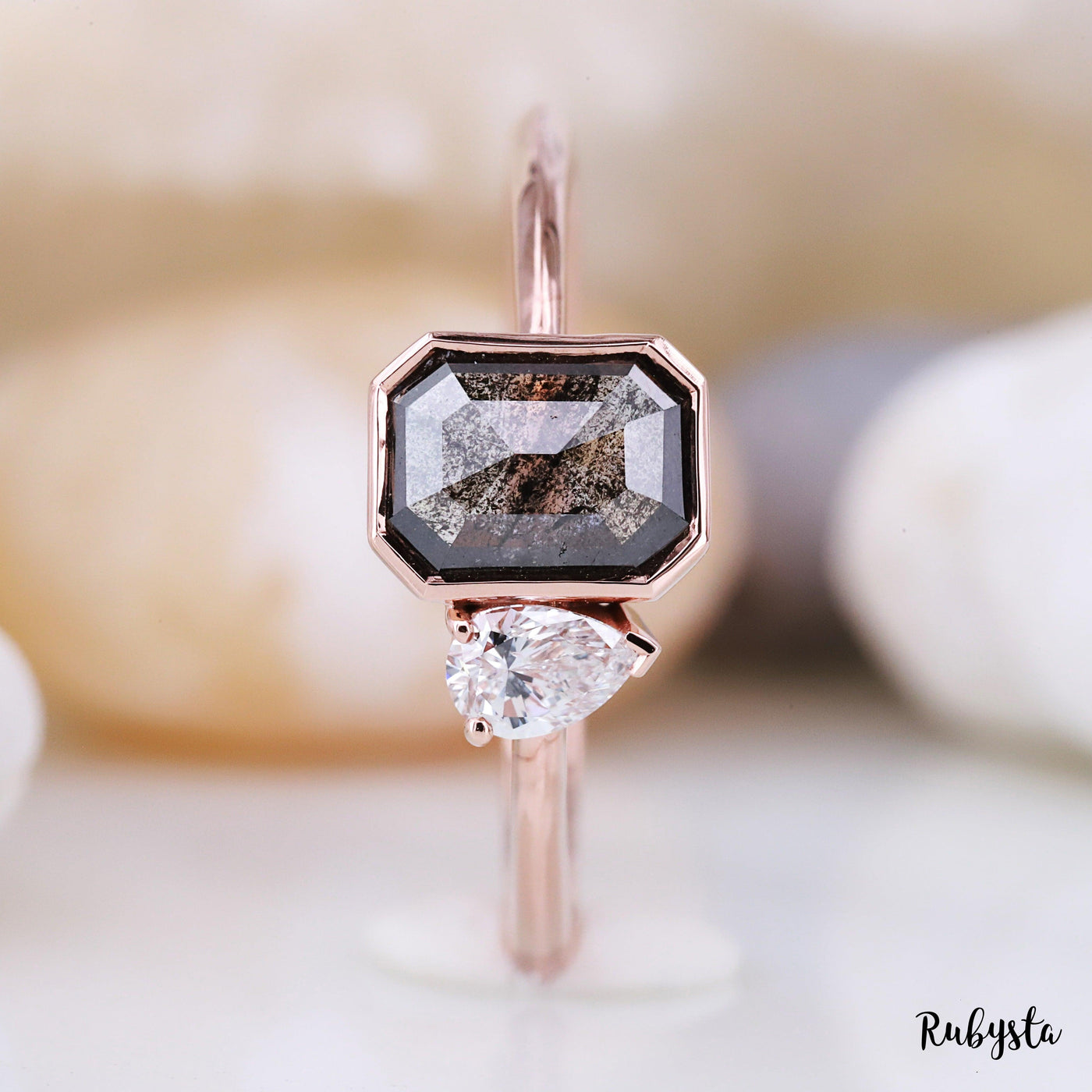 Salt and Pepper Diamond Ring | Engagement Ring | Emerald Diamond Ring | Bride Ring