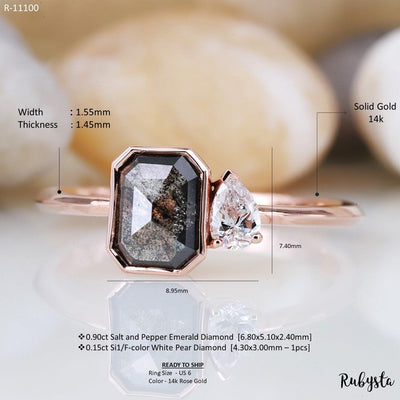 Salt and Pepper Diamond Ring | Engagement Ring | Emerald Diamond Ring | Bride Ring - Rubysta