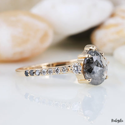 Salt and Pepper Diamond Ring | Rose Cut Pear Diamond Ring | Unique Engagement Ring | Art deco Ring