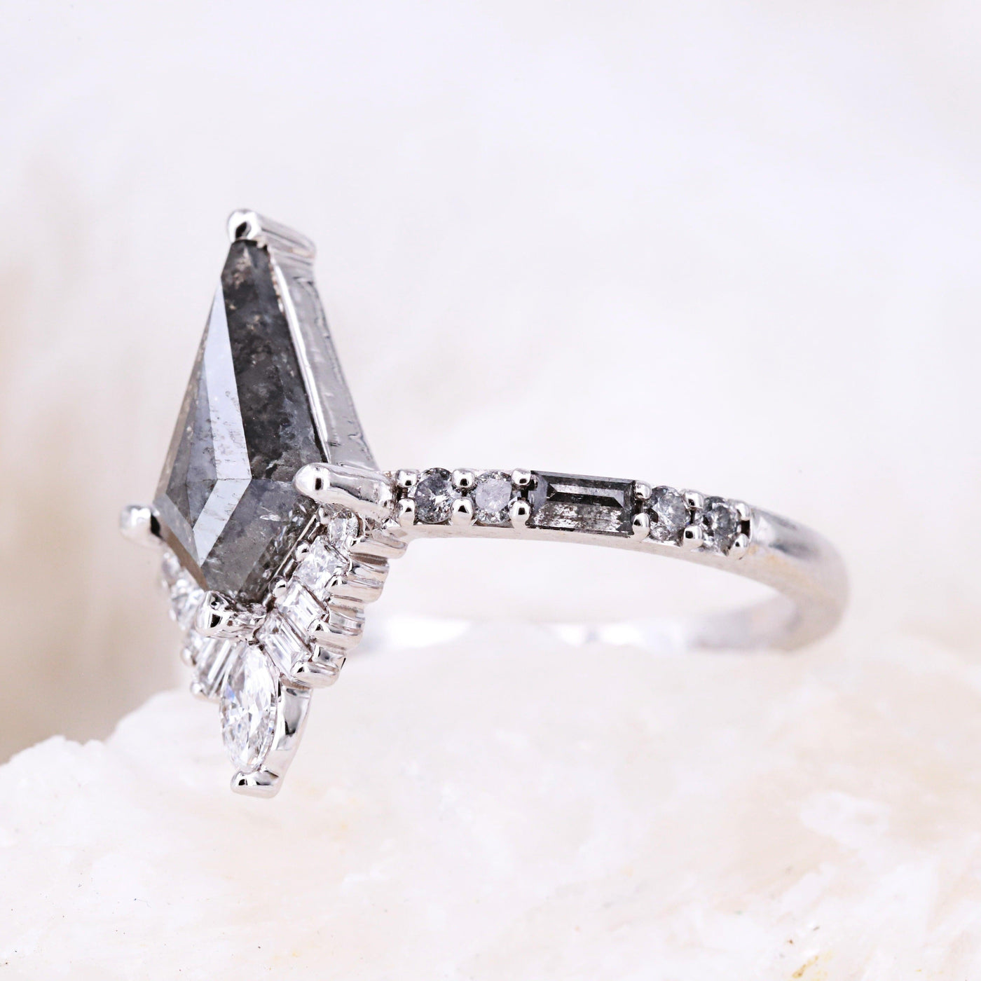 Salt and pepper kite diamond ring Natural diamond ring One-of-a-kind diamond ring Stackable engagement ring Edgy ring White diamond ring