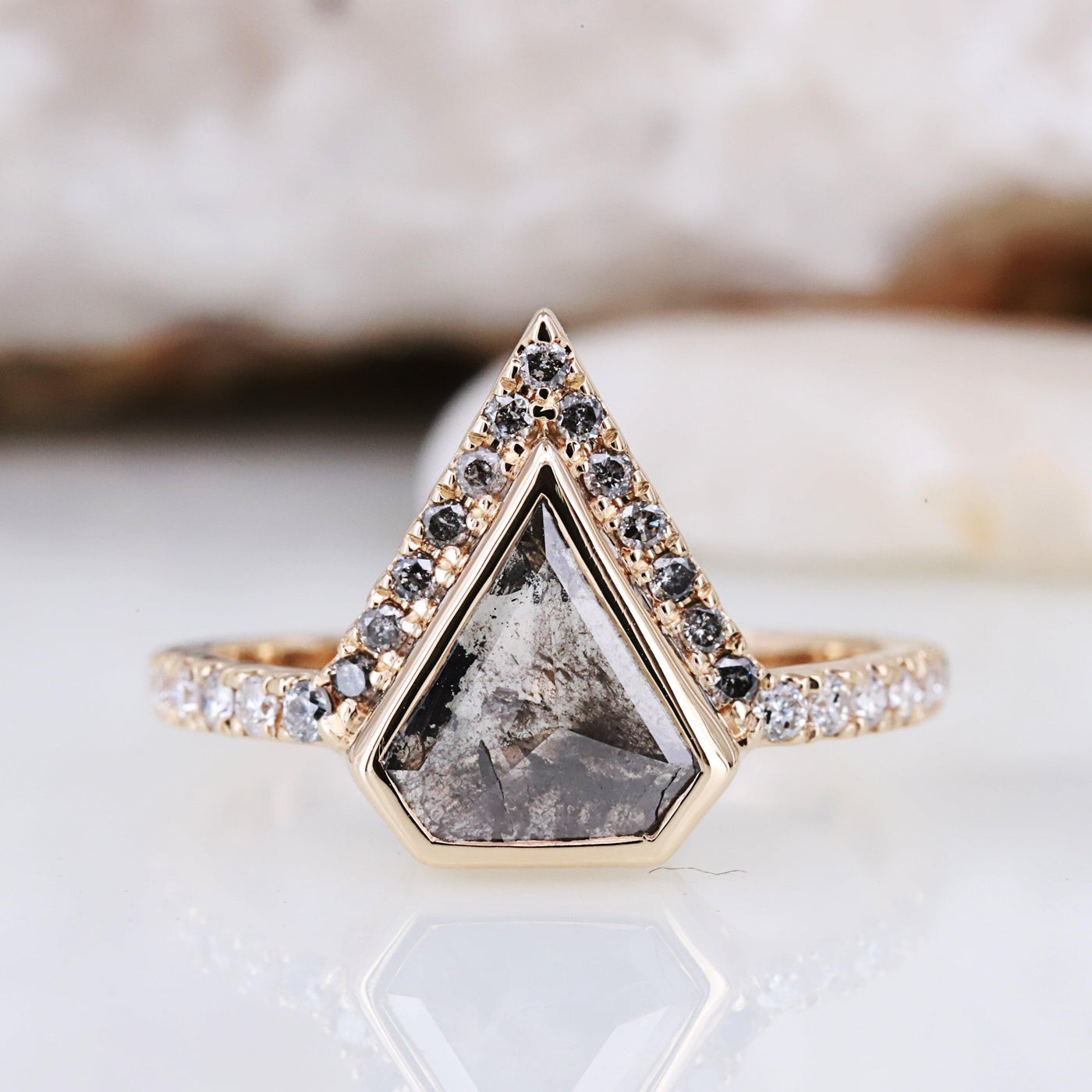 Make a bold statement with our geometric salt and pepper engagement ring. Unique, modern, and absolutely stunning - Rubysta