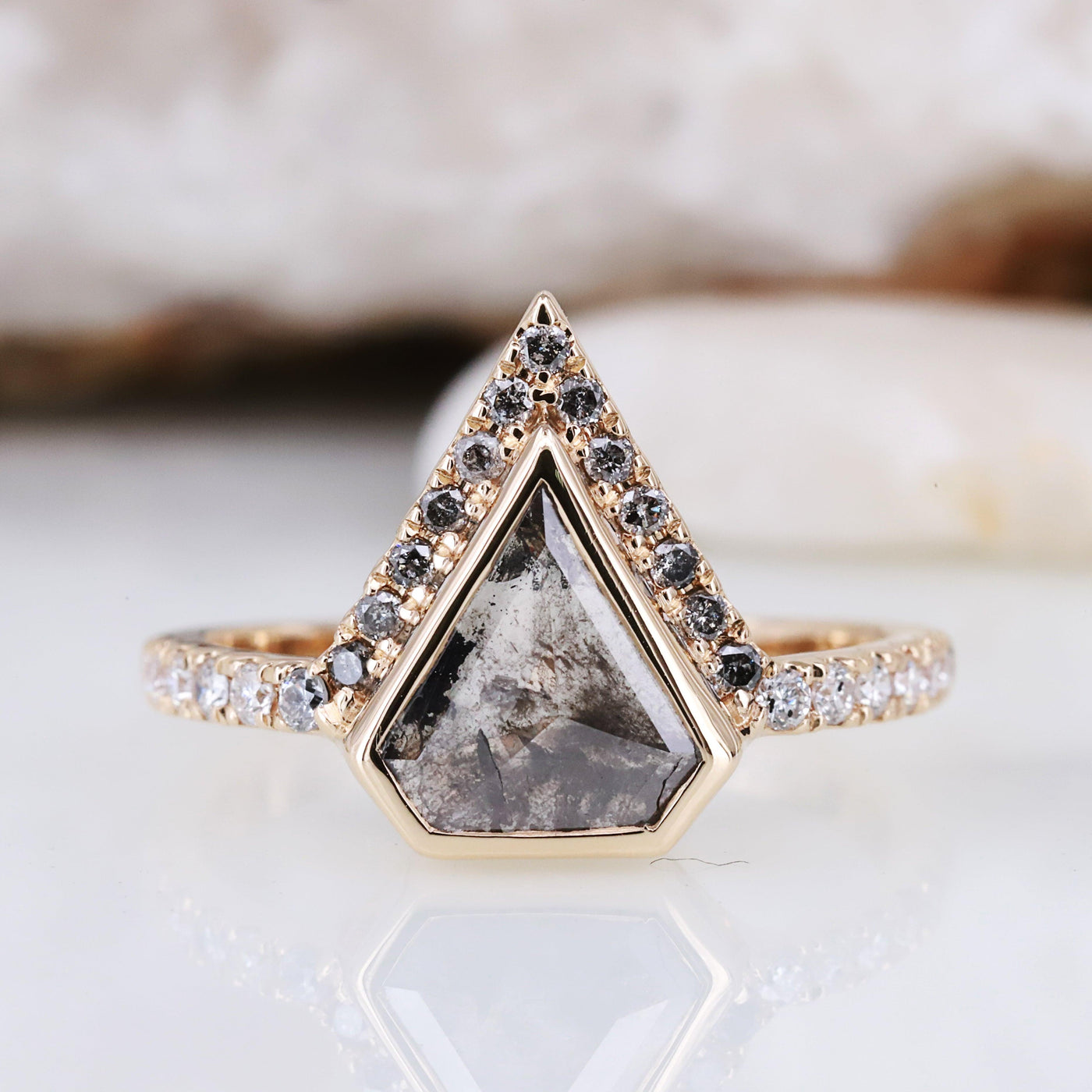 Make a bold statement with our geometric salt and pepper engagement ring. Unique, modern, and absolutely stunning - Rubysta