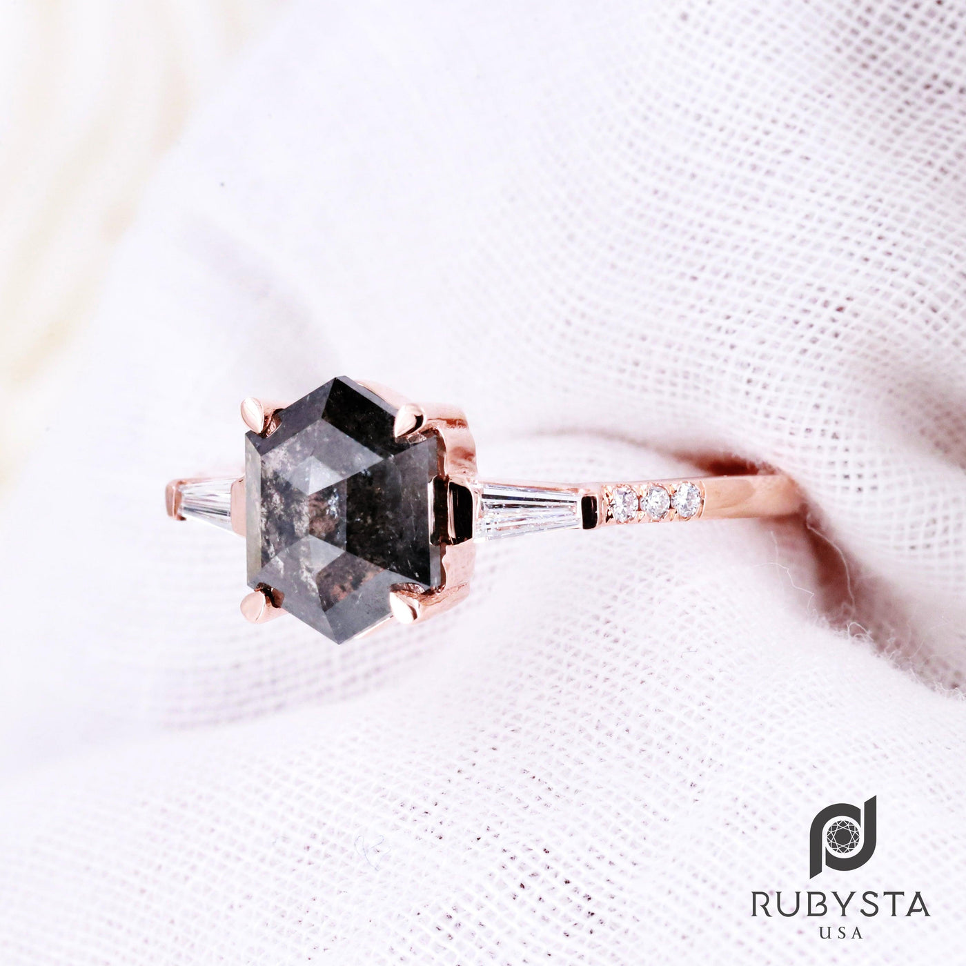 Salt and Pepper Diamond Ring | Engagement Ring | Hexagon Diamond Ring - Rubysta