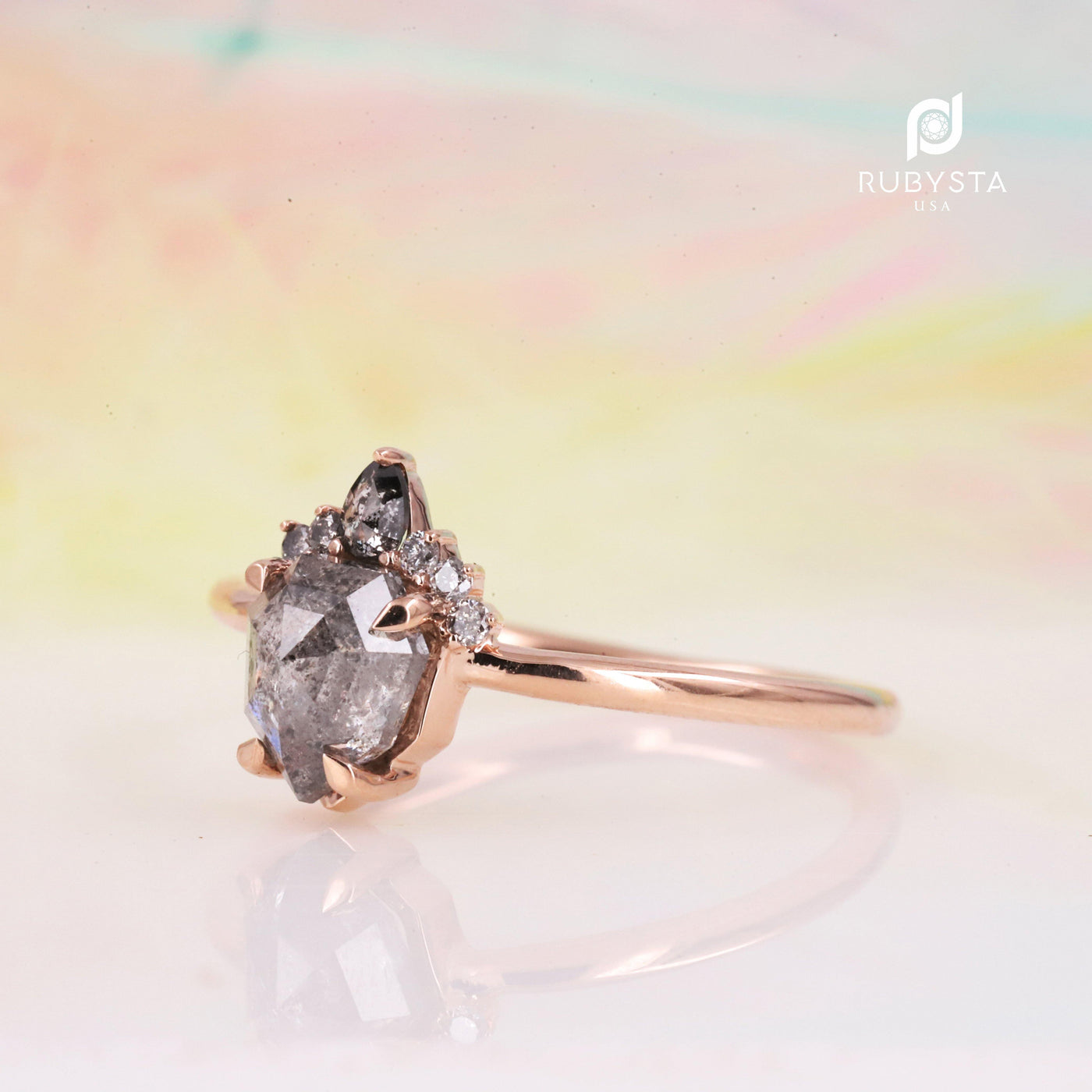 14k Salt and Pepper Diamond Ring | Salt and Pepper Diamond | Salt and Pepper Engagement Ring | Geometric Diamond Ring | Geometric Diamond - Rubysta