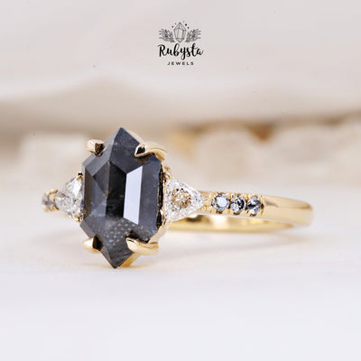 Salt and Pepper diamond Ring | Hexagon Diamond Ring | Salt and pepper Ring - Rubysta