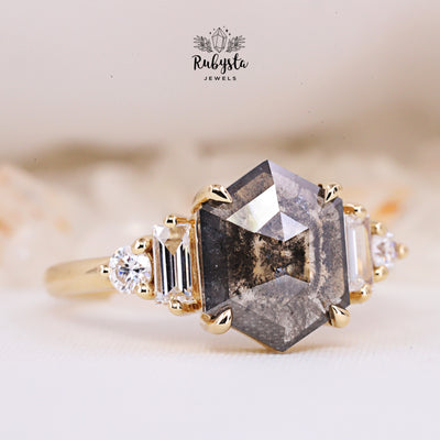 Salt and Pepper Diamond Ring | Engagement Ring | Hexagon Diamond Ring | Proposal Ring