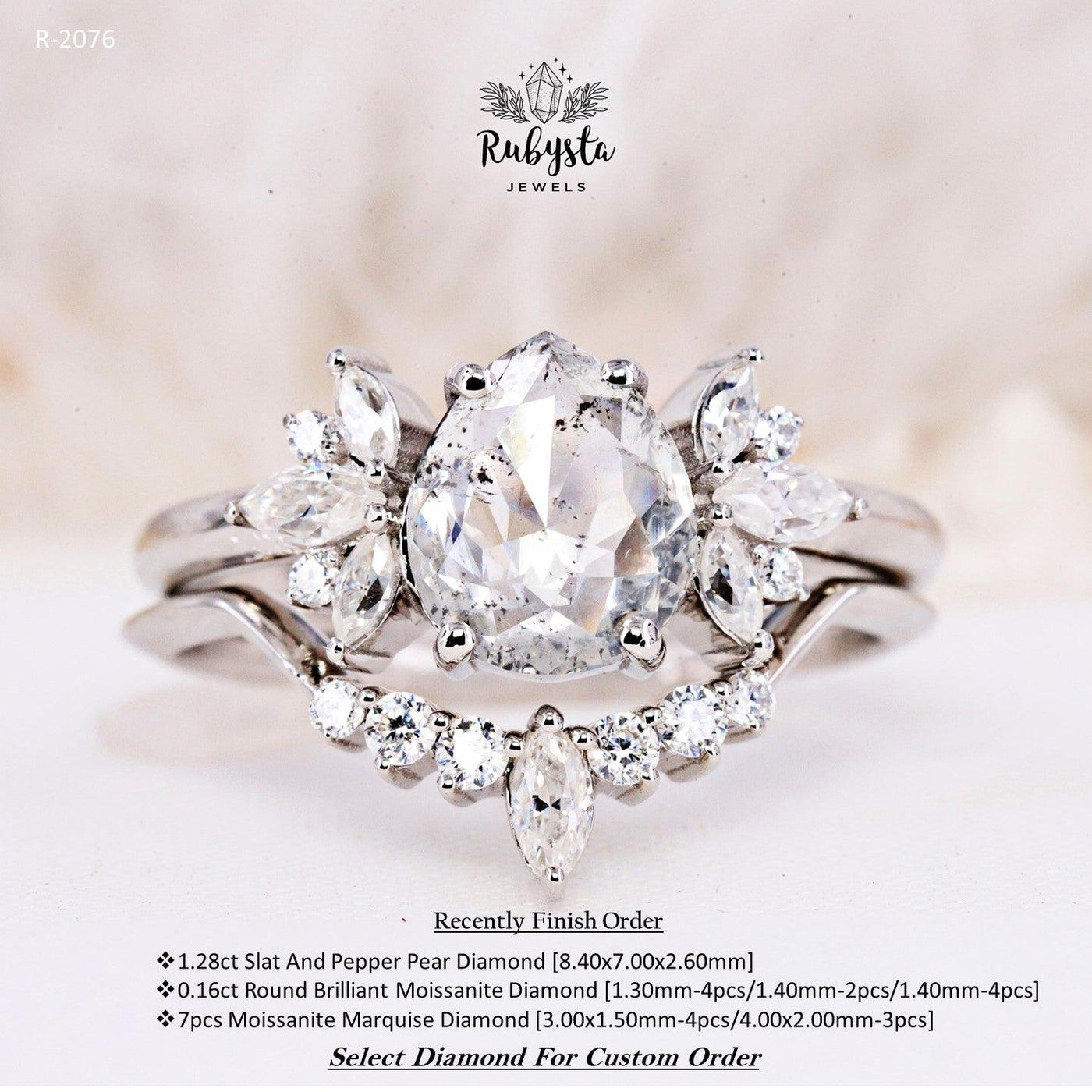 Pear Diamond Ring | Salt and pepper Ring | Pear Salt and pepper Ring | Moissanite Diamond - Rubysta