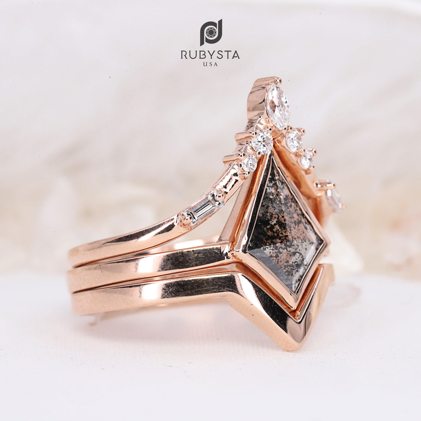 Salt and pepper Kite diamond ring with matching band