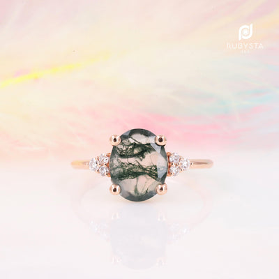 Moss Agate Ring | Oval Diamond Ring | Oval Engagement Ring - Rubysta