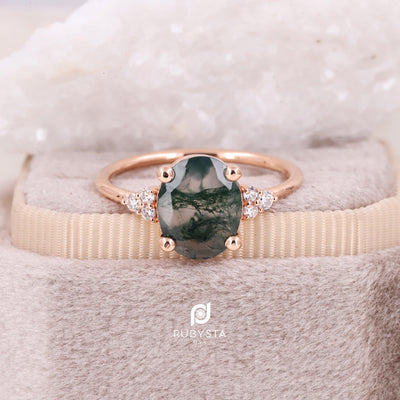 Moss Agate Ring | Oval Diamond Ring | Oval Engagement Ring - Rubysta