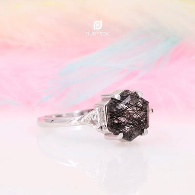Hexagon Black Rutilated Quartz Ring | Engagement Ring - Rubysta
