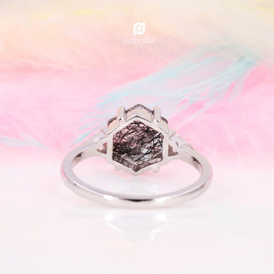 Hexagon Black Rutilated Quartz Ring | Engagement Ring - Rubysta