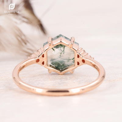Moss Agate Ring | Hexagon Diamond Ring | Hexagon Engagement Ring - Rubysta