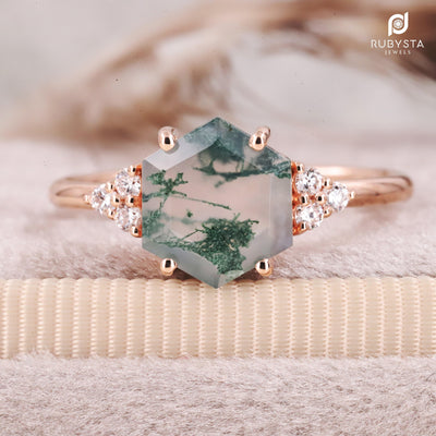 Moss Agate Ring | Hexagon Diamond Ring | Hexagon Engagement Ring - Rubysta