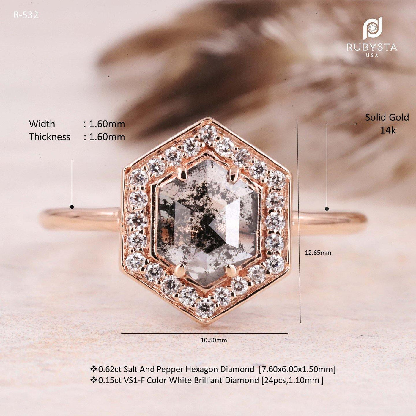 14k Salt and Pepper diamond Ring | Hexagon Diamond Ring - Rubysta